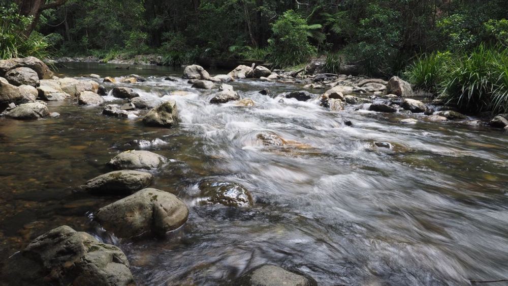 Creek water flowing fast over rocks