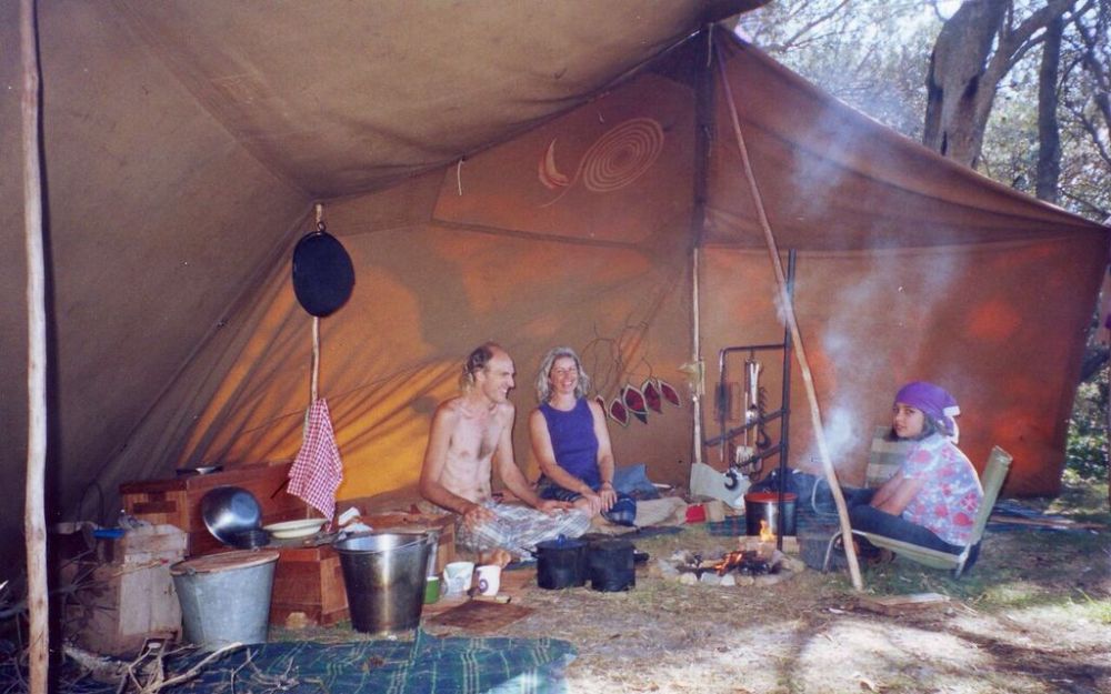 David, Cate and Ruby in David's tent (Minnie Water, NSW)