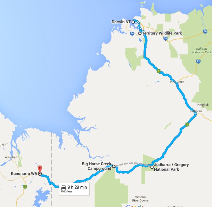 Darwin NT to Kununurra WA (map)