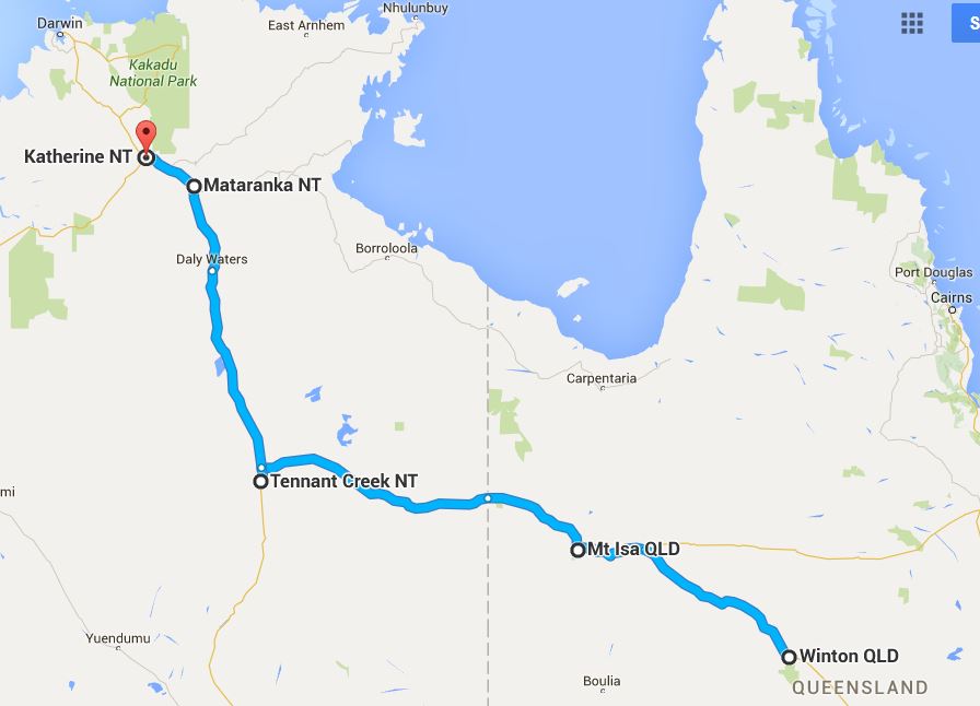 Map of journey from Winton Qld to Katherine NT