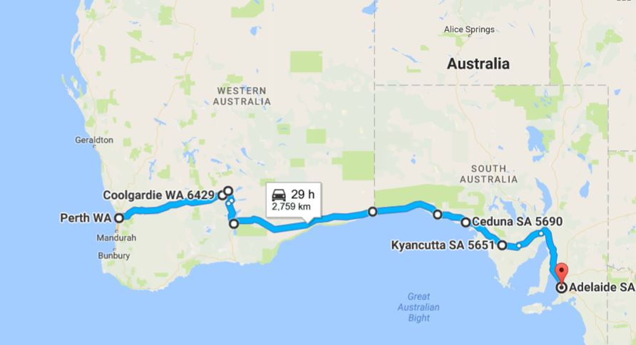 Map of journey from Perth to Adelaide
